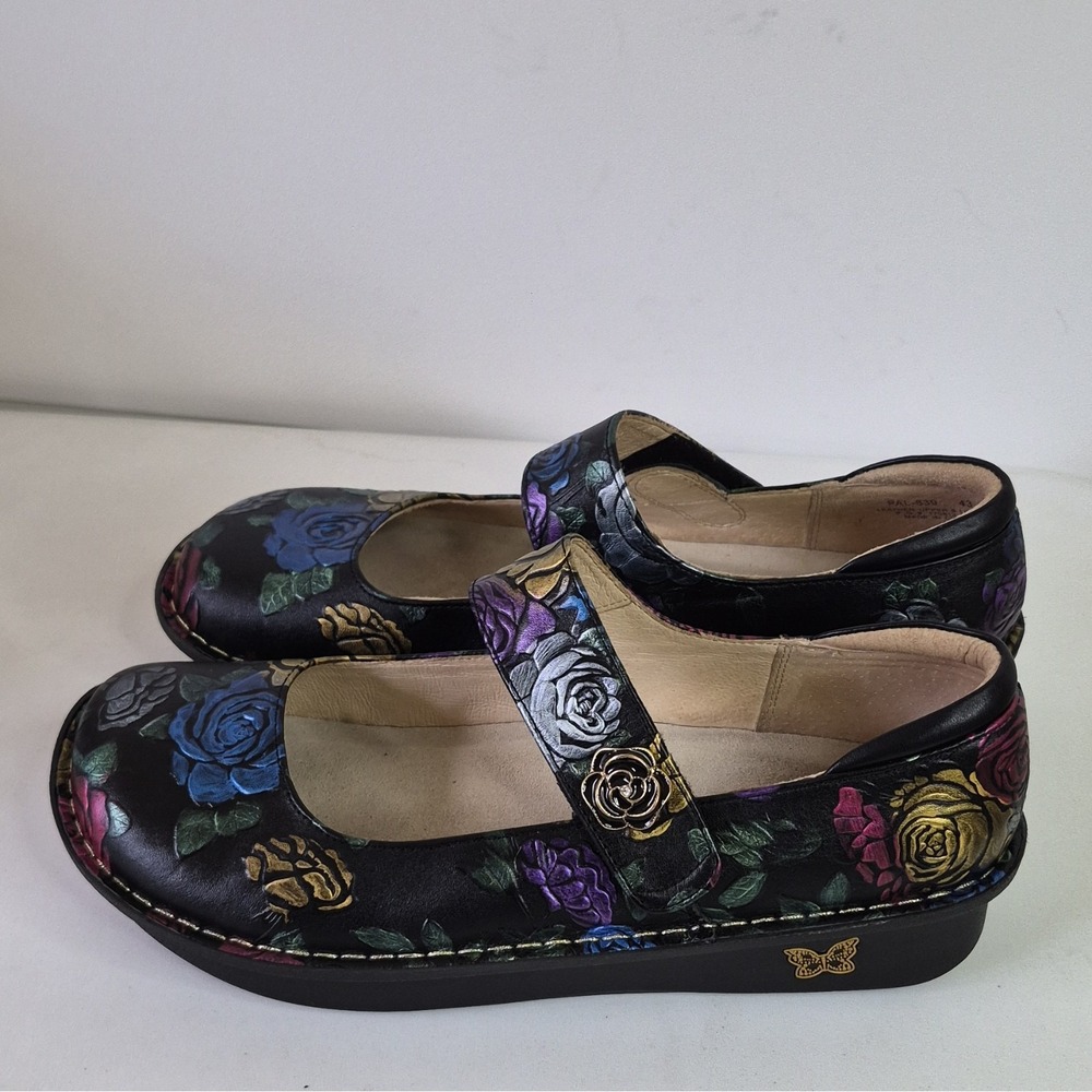 Alegria Black Floral Leather Mary Jane Flats Round Toe Button Womens Size 12 - Picture 6 of 7